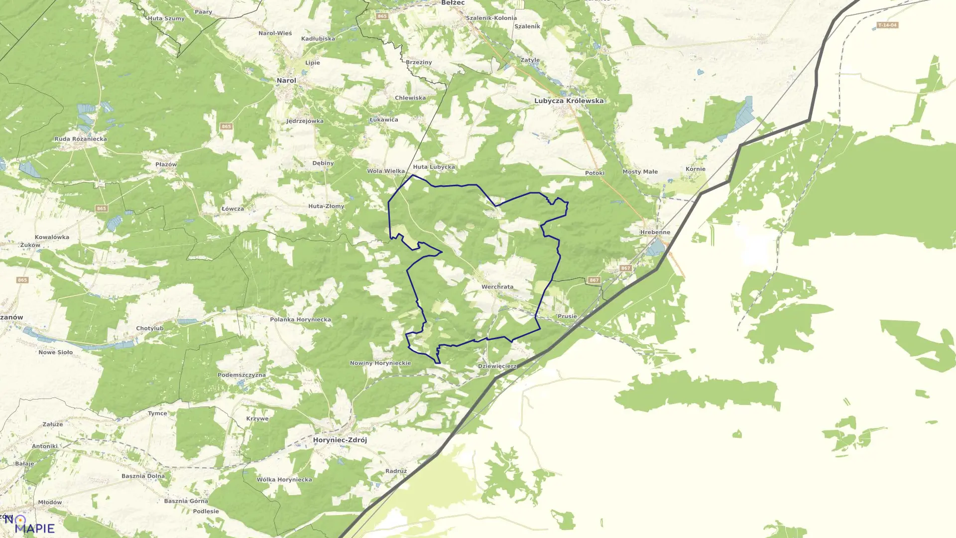 Mapa obrębu Werchrata w gminie Horyniec-Zdrój